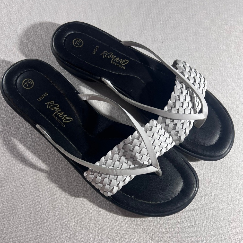 Romano Linda 2 Sandals Women 7.5 White Black Good Woven Wedge Made in Brazil